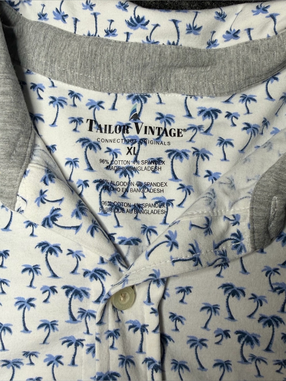 Tailor Vintage Men's White Button-Up short sleeve Shirt with Blue Palm Print - Picture 3 of 7